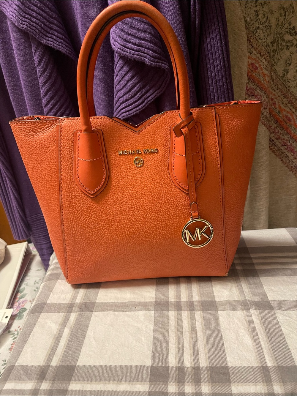 Michael Kors Bright Orange Pebbled Leather Tote with Gold MK Charm